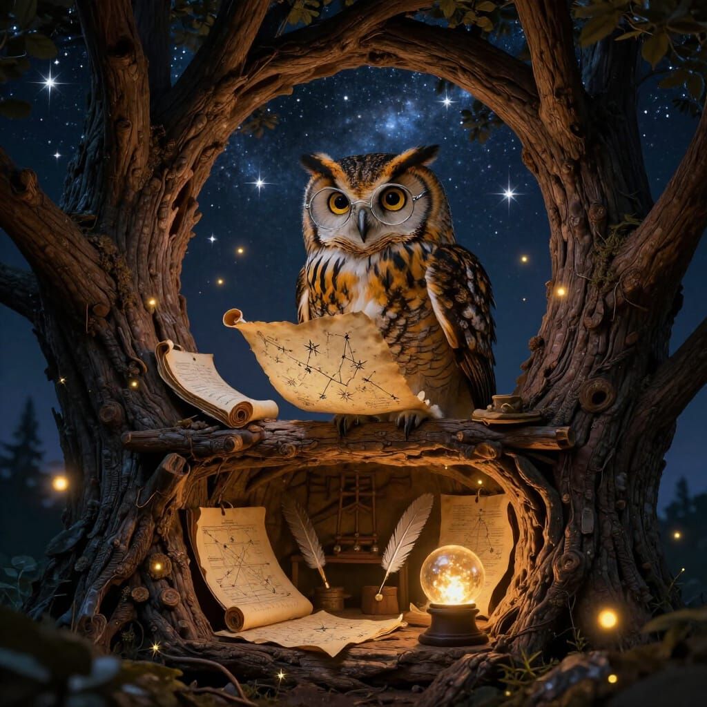 Wise Owl Scholar in Magical Observatory Night Scene
