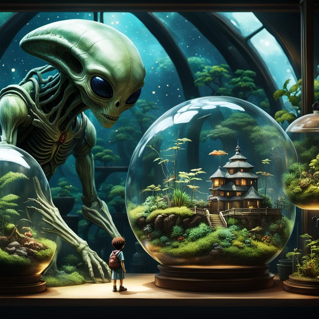 Alien Observes Human Terrarium in Ghibli Style
