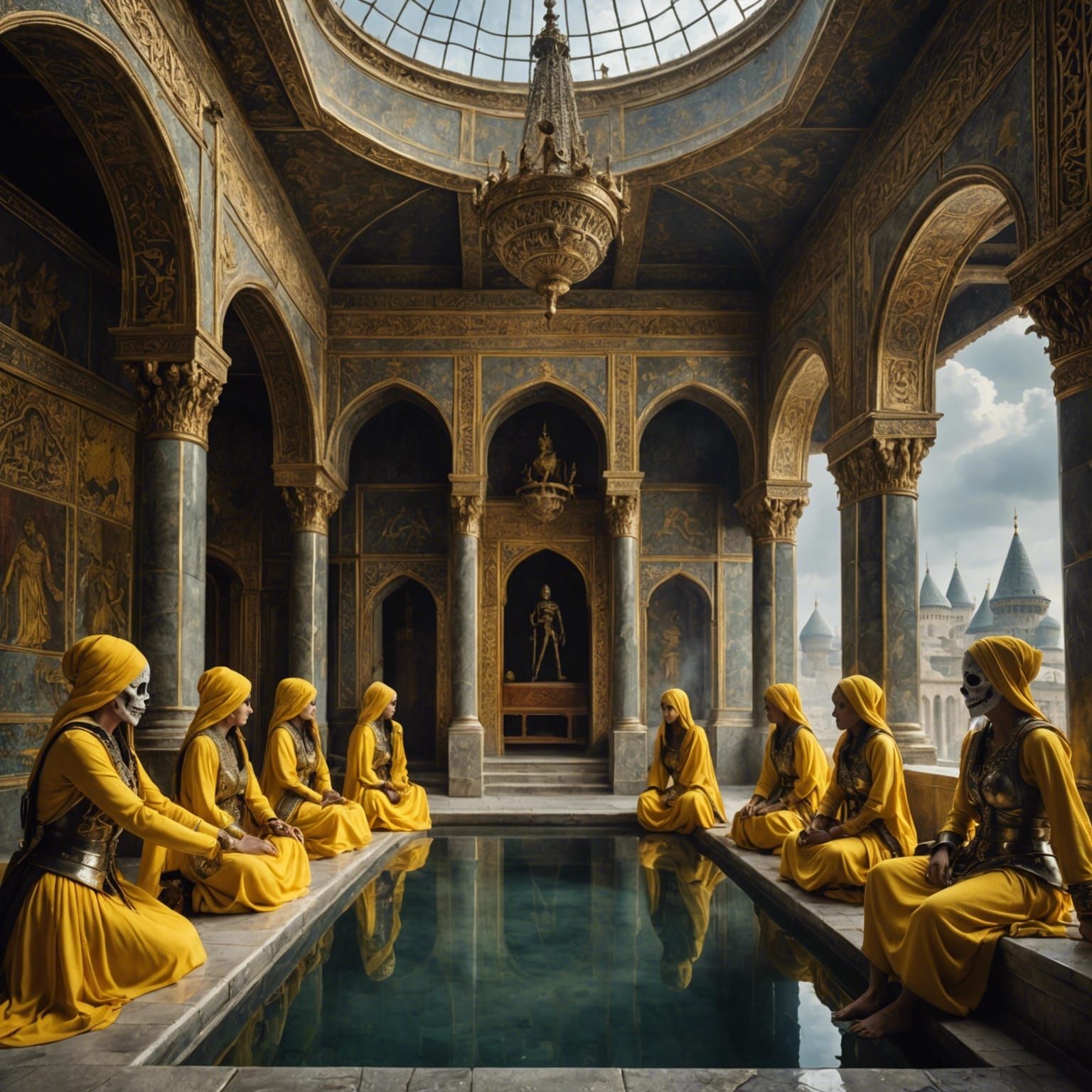 Opulent Harem in a Cloud Castle with Warriors