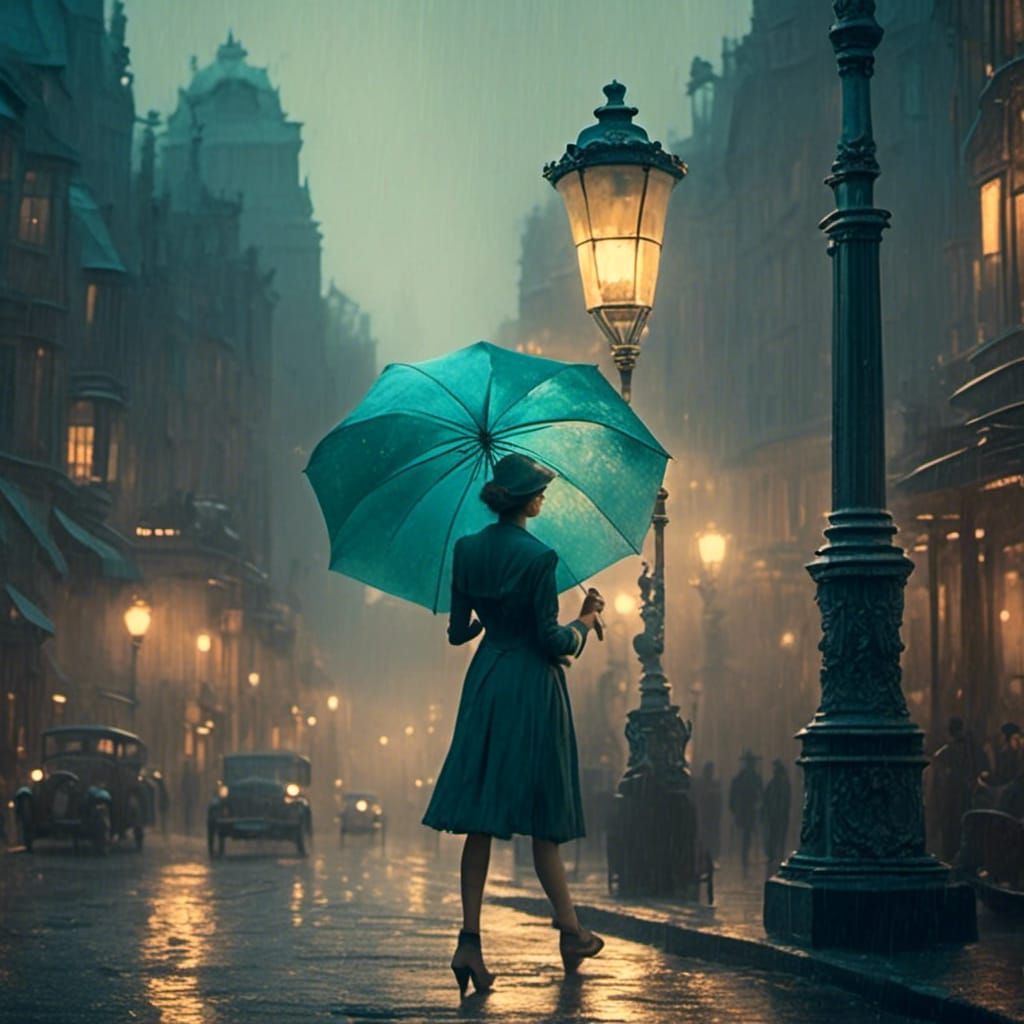 <lora:grief:1.0> create a sepia woman standing under a lampost holding an umbrella on a busy street