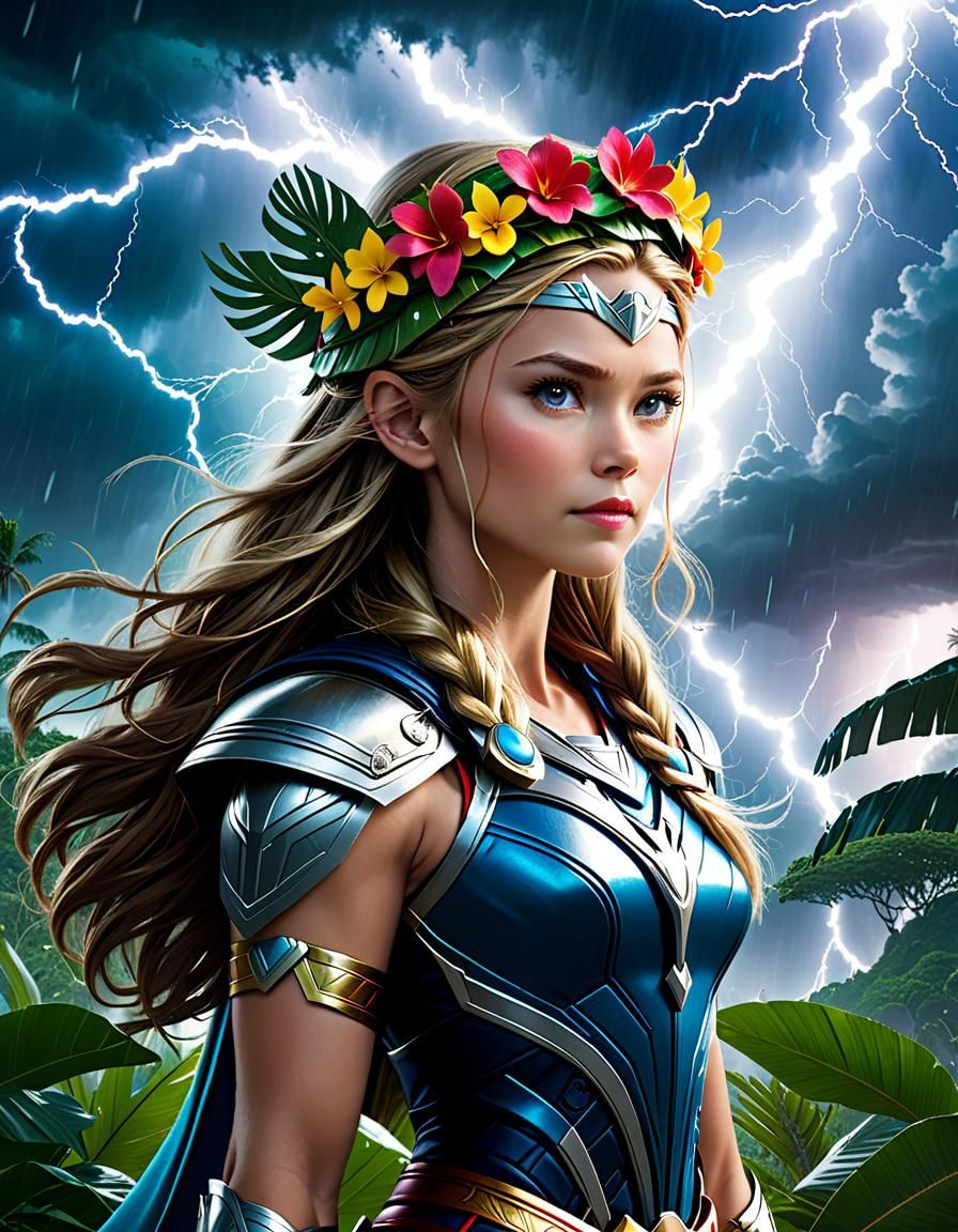 FANTASY - Beautiful Tropical Princess in Thor-inspired gear, with a flower crown, wields Thor's hammer amid a lightning ...