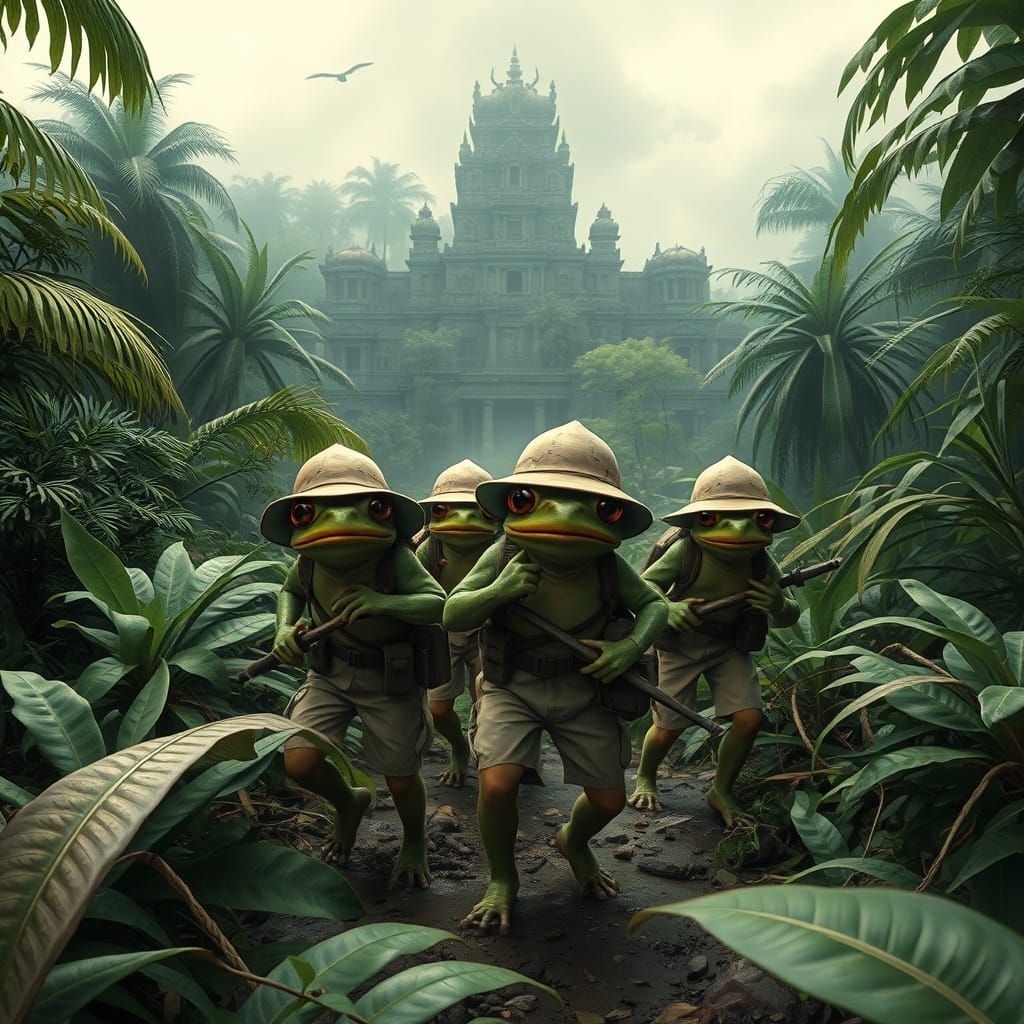 Frogs Explore Ancient Jungle Temple in Hyper-Realistic Style