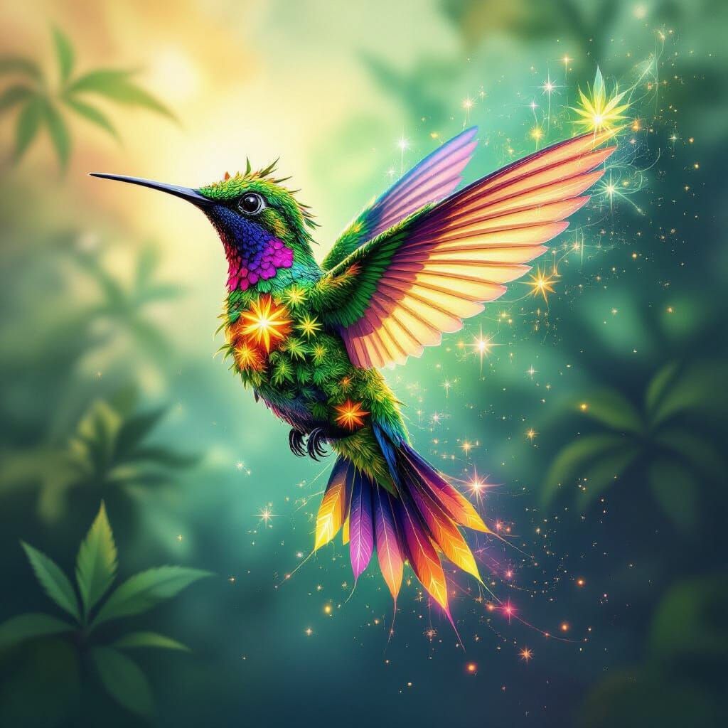Hummingbird of Cannabis Buds in Ethereal Watercolor Style