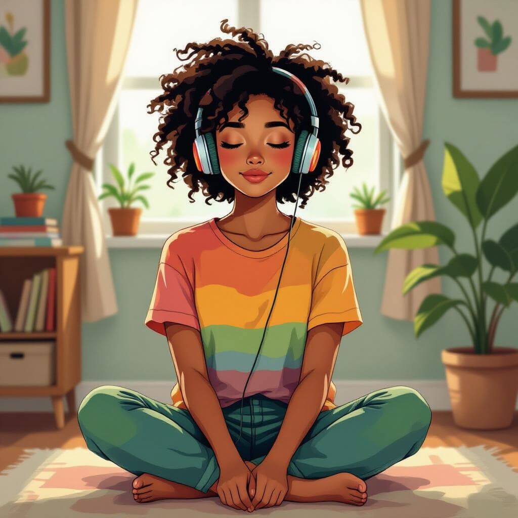 Girl Listening to Music with Loafing Brushstrokes Style