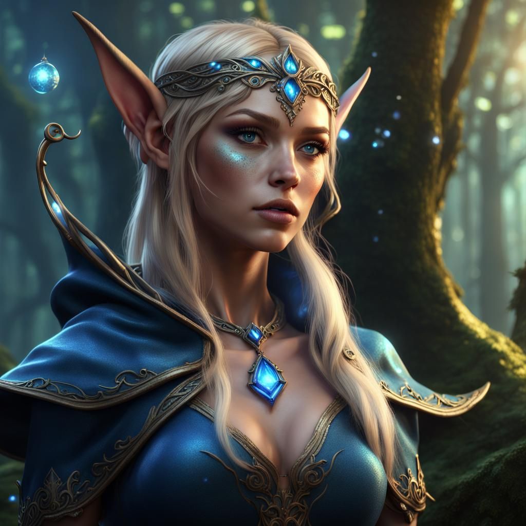 Blond Elf Mage with Glittering Magic Art