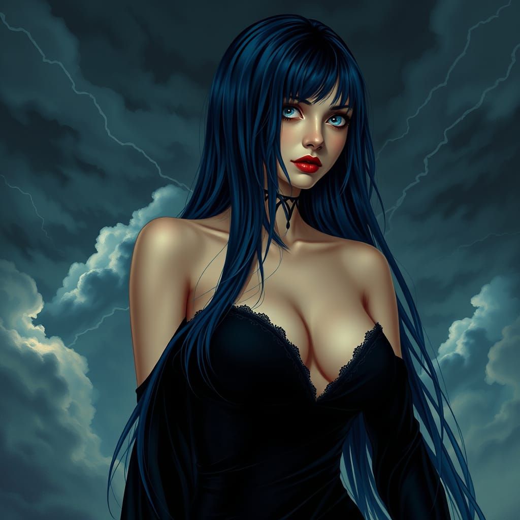 Gothic Emo Woman Under Stormy Sky