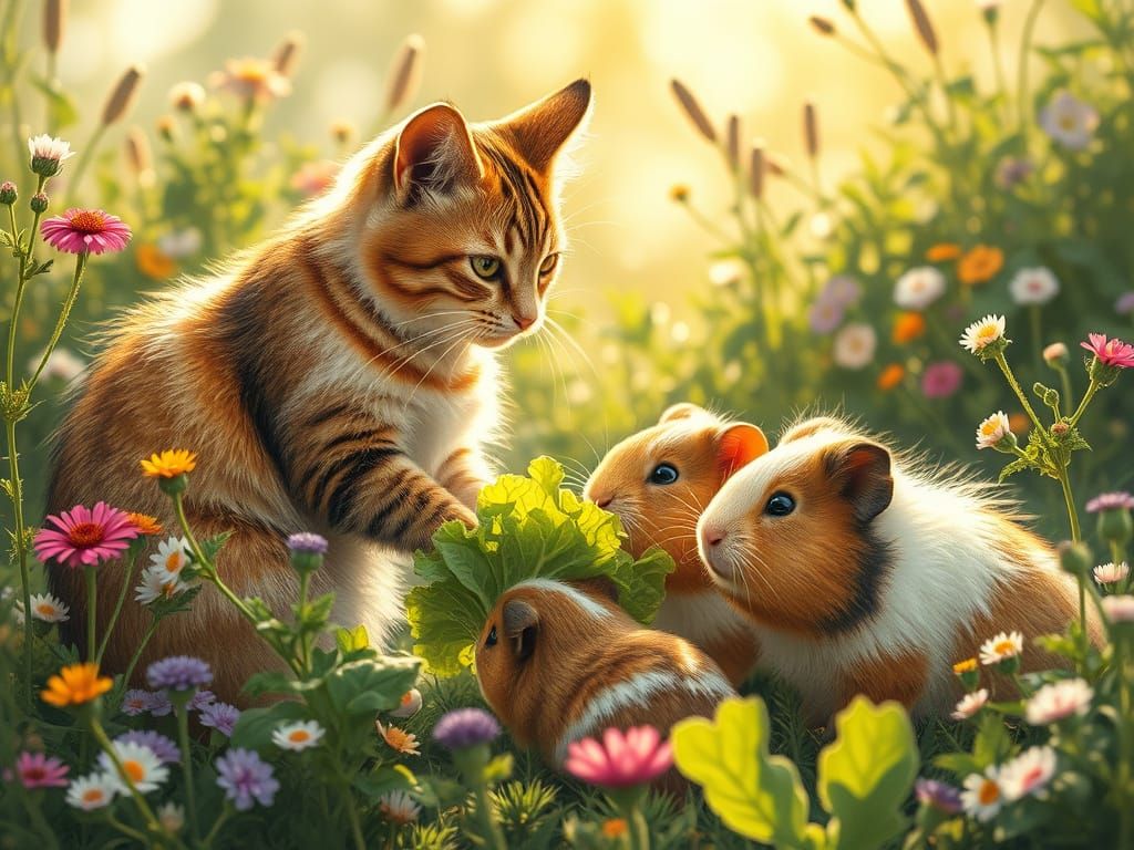 Whimsical Garden Scene with Whiskered Cat and Guinea Pigs