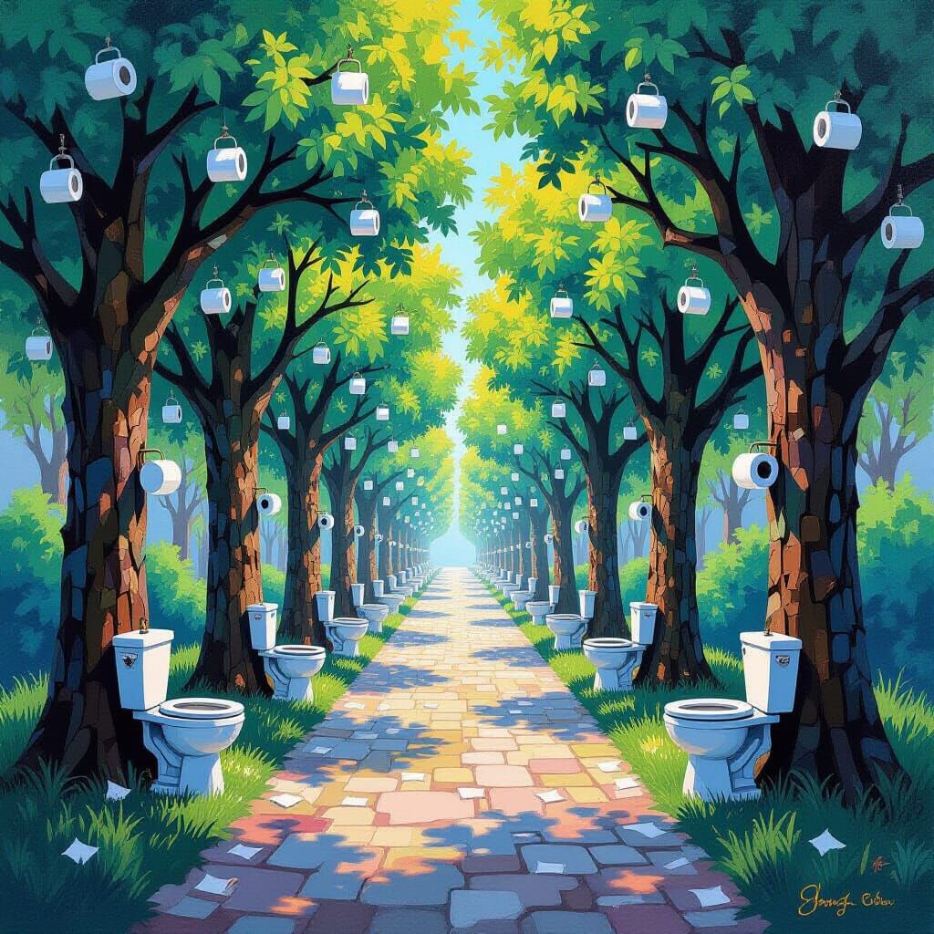 Whimsical Toilet Trees in Impasto Gouache Style