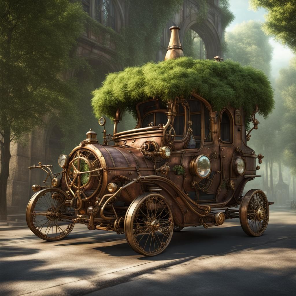 Steampunk Elven Car on Street Scene