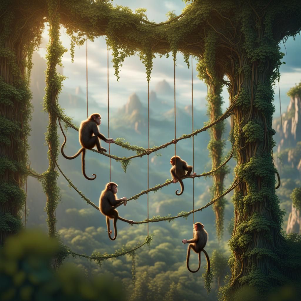 Monkeys Swinging Through Jungle Vines