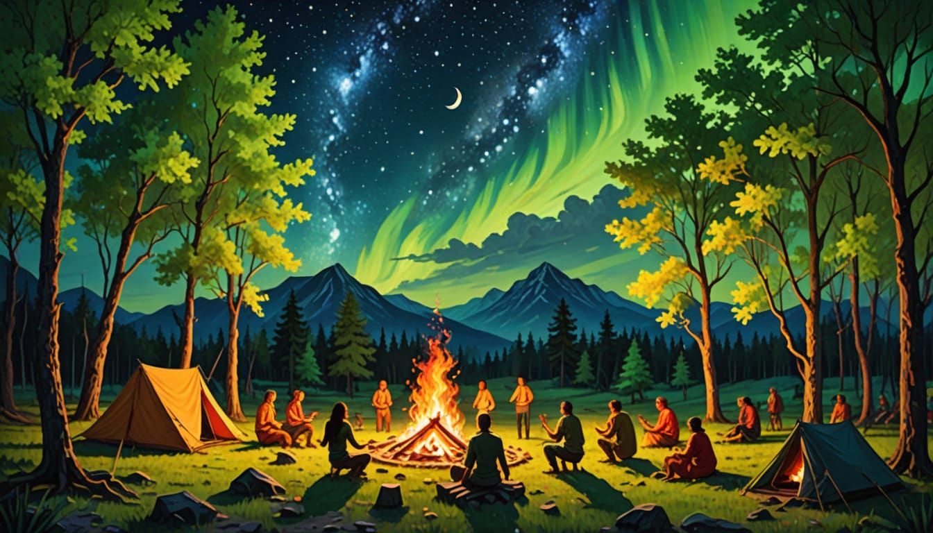 Night Campfire Dance: Impressionistic Oil and Neon Collage