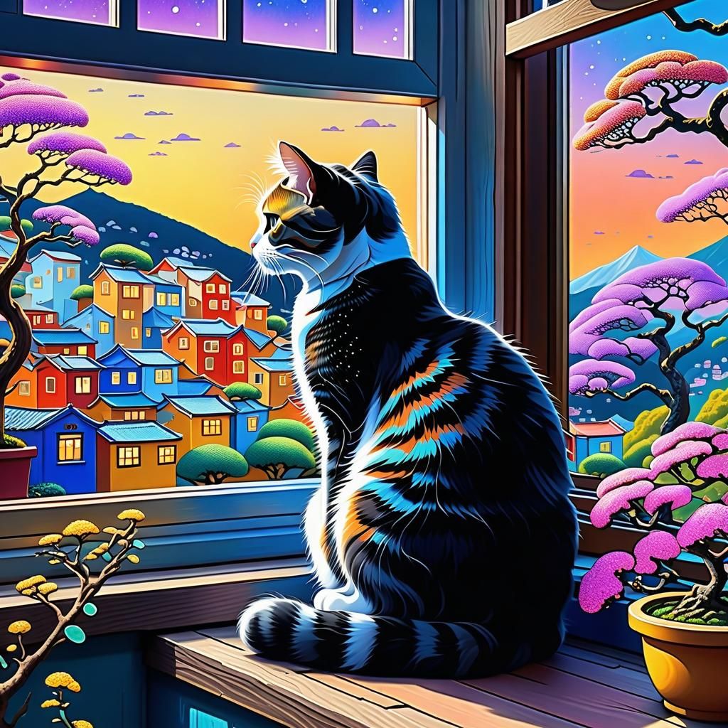 Cat in Window, Klimt-Inspired Cartoon Painting