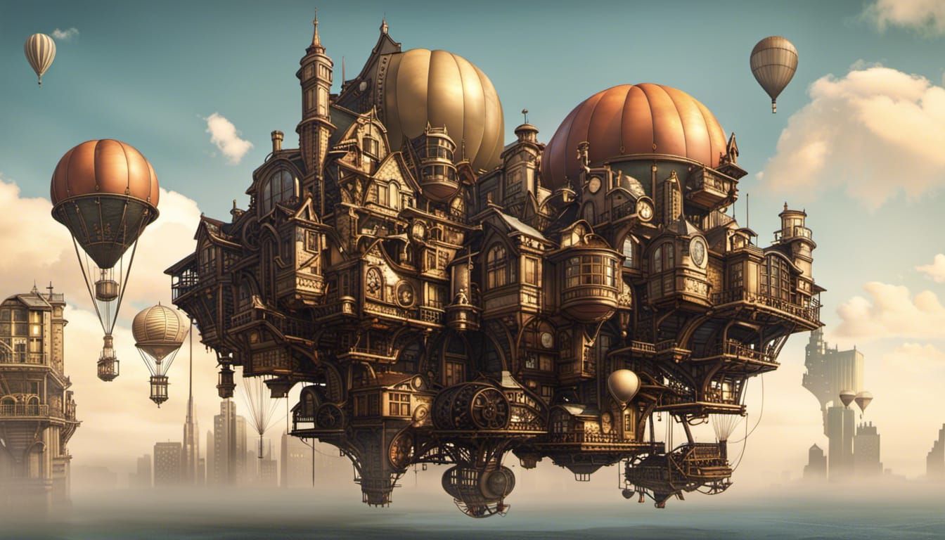 Futuristic Steampunk Balloon Cityscape