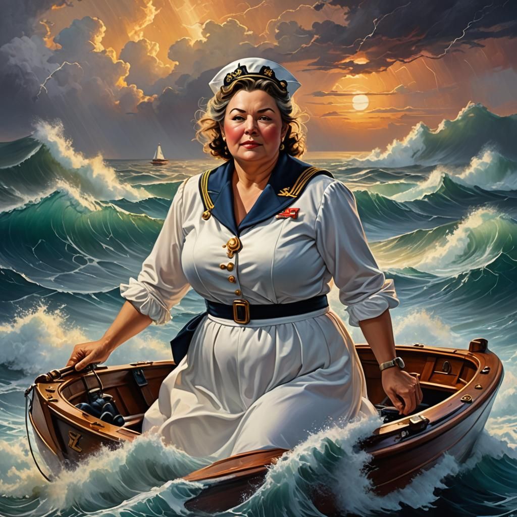 Beautiful Sailor Woman on Stormy Sunset Ocean