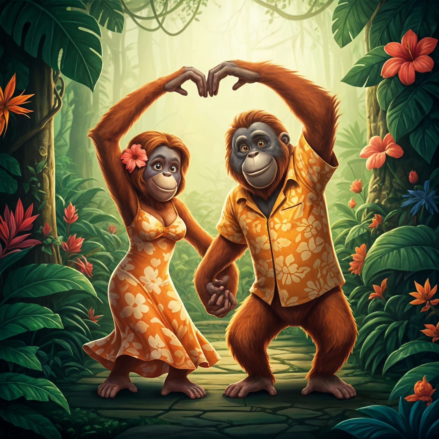 Epic Romantic Orangutang Dance in Vibrant Rainforest
