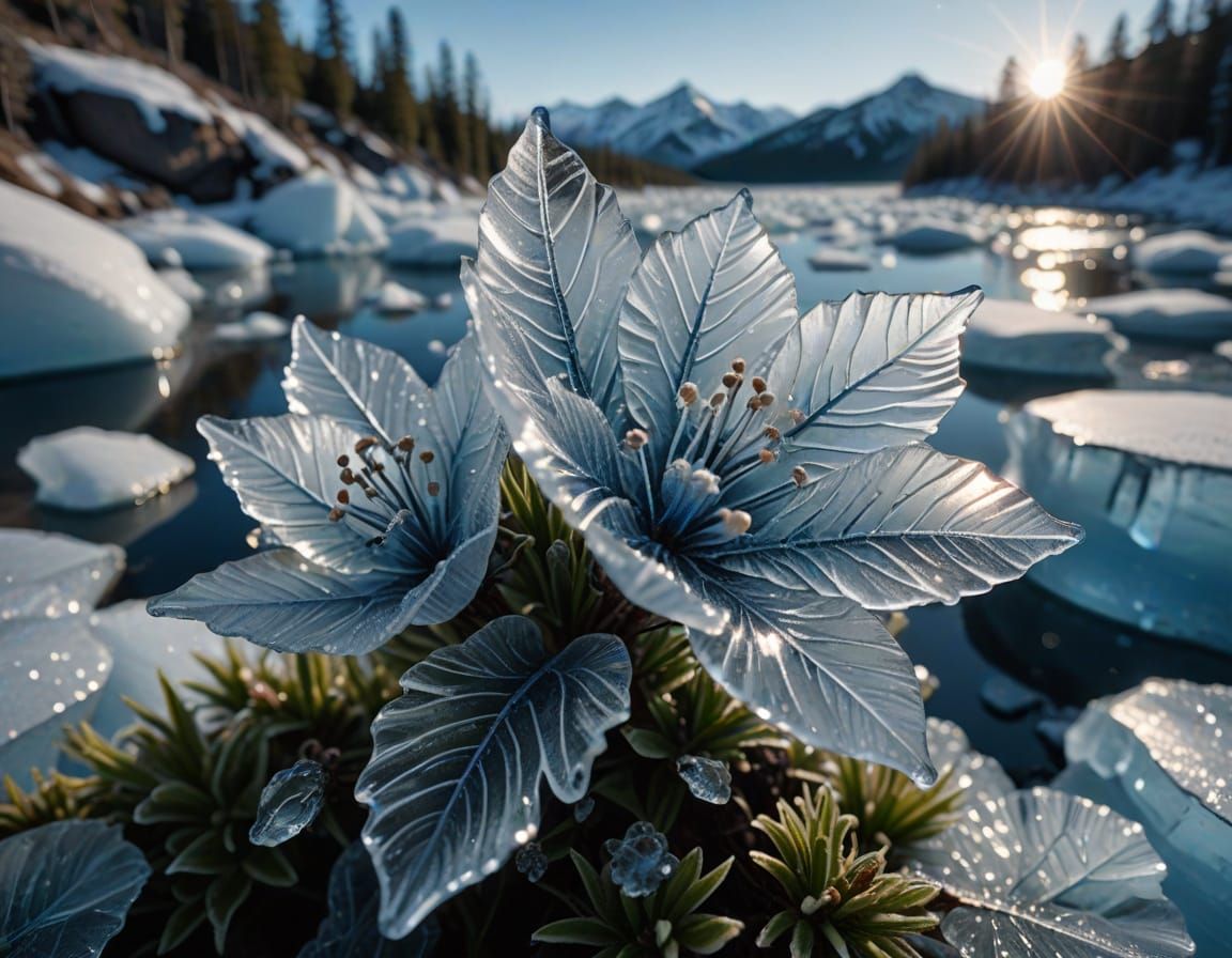 Ethereal Crystal Ice Flowers in Frozen Crevasse
