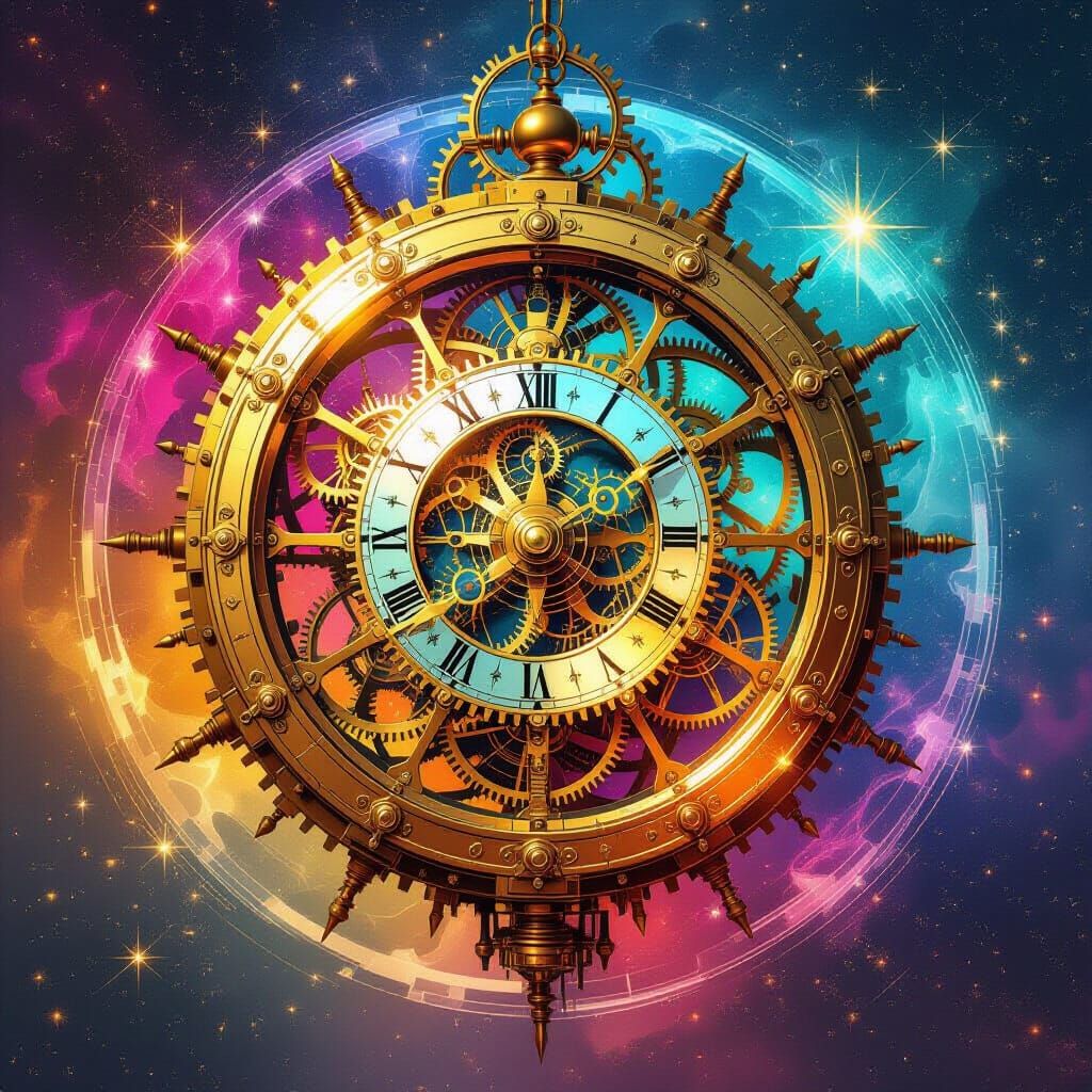 Cosmic Clockwork Celestial Device in Vibrant Celebration