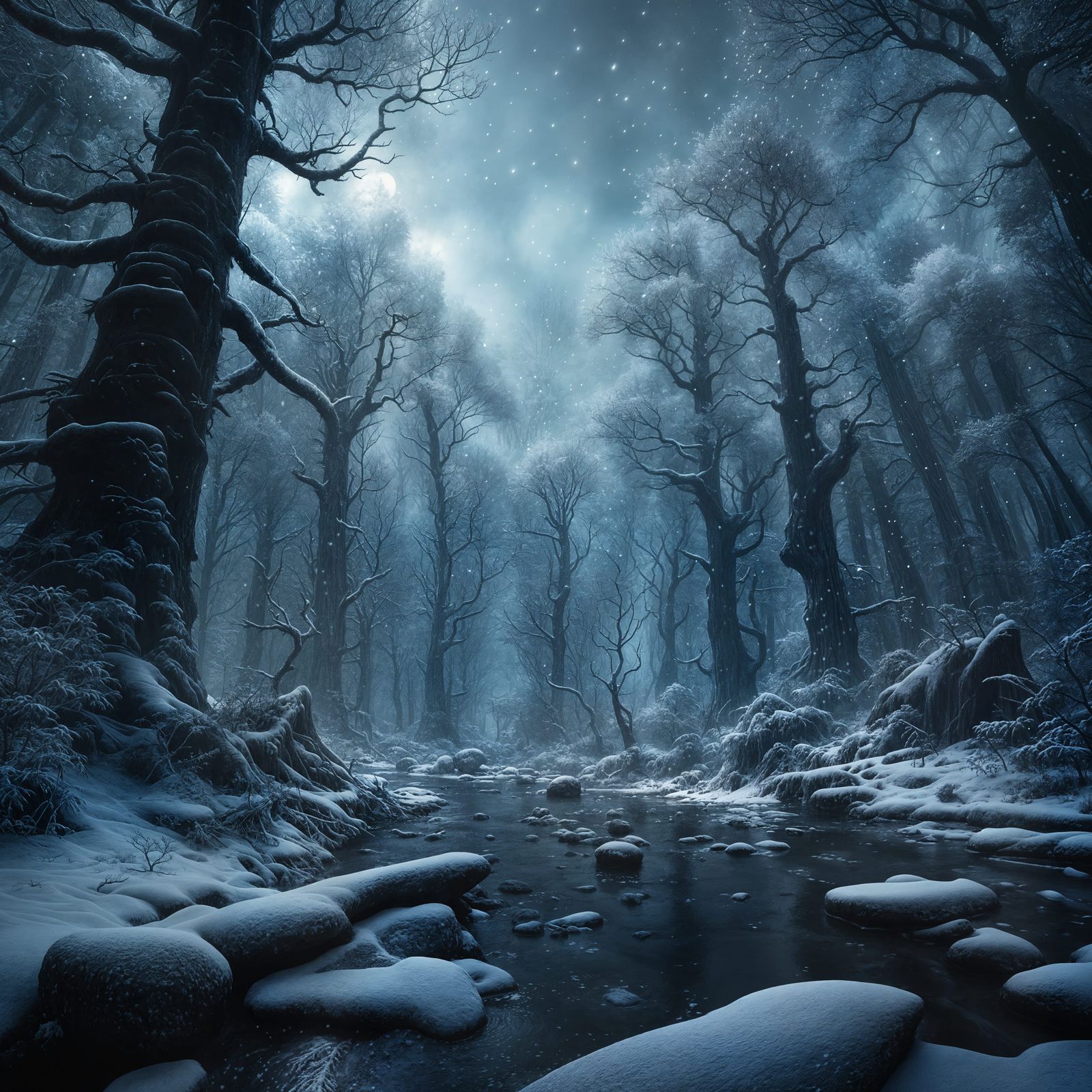 Snowy Dark Forest: Detailed Matte Painting in 8K