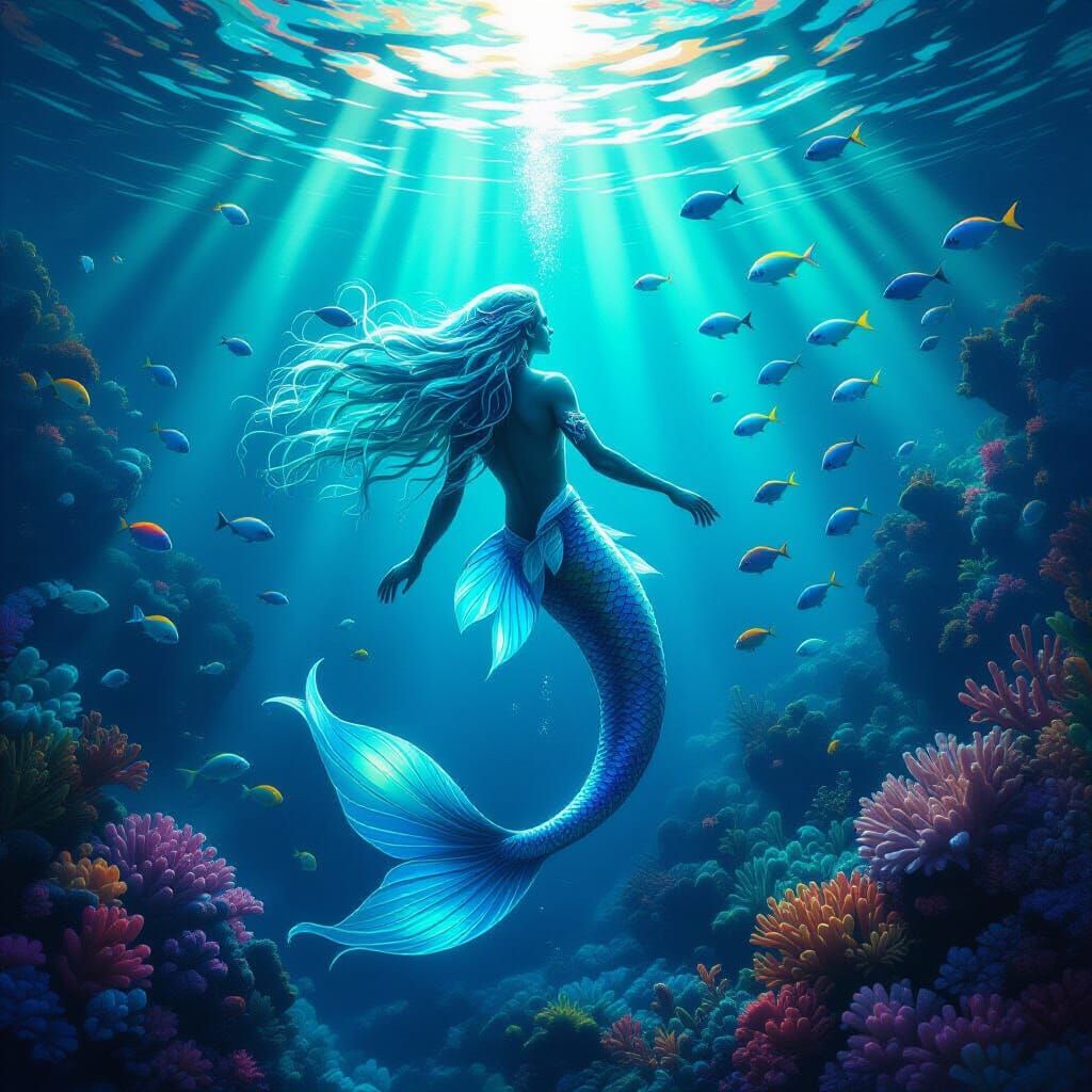 Ethereal Merman in Bioluminescent Reef