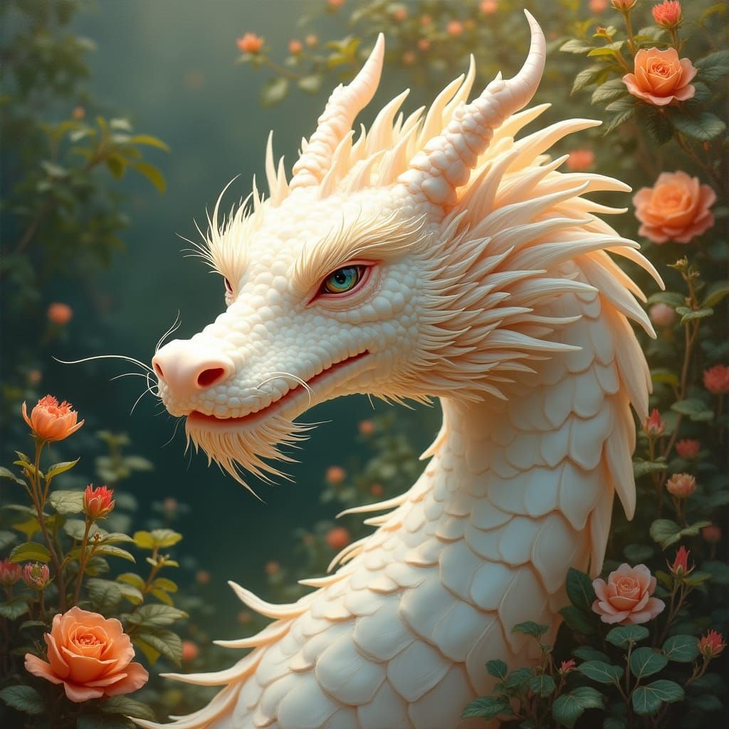 Chinese Pearl Dragon Profile in Realistic Oil Painting