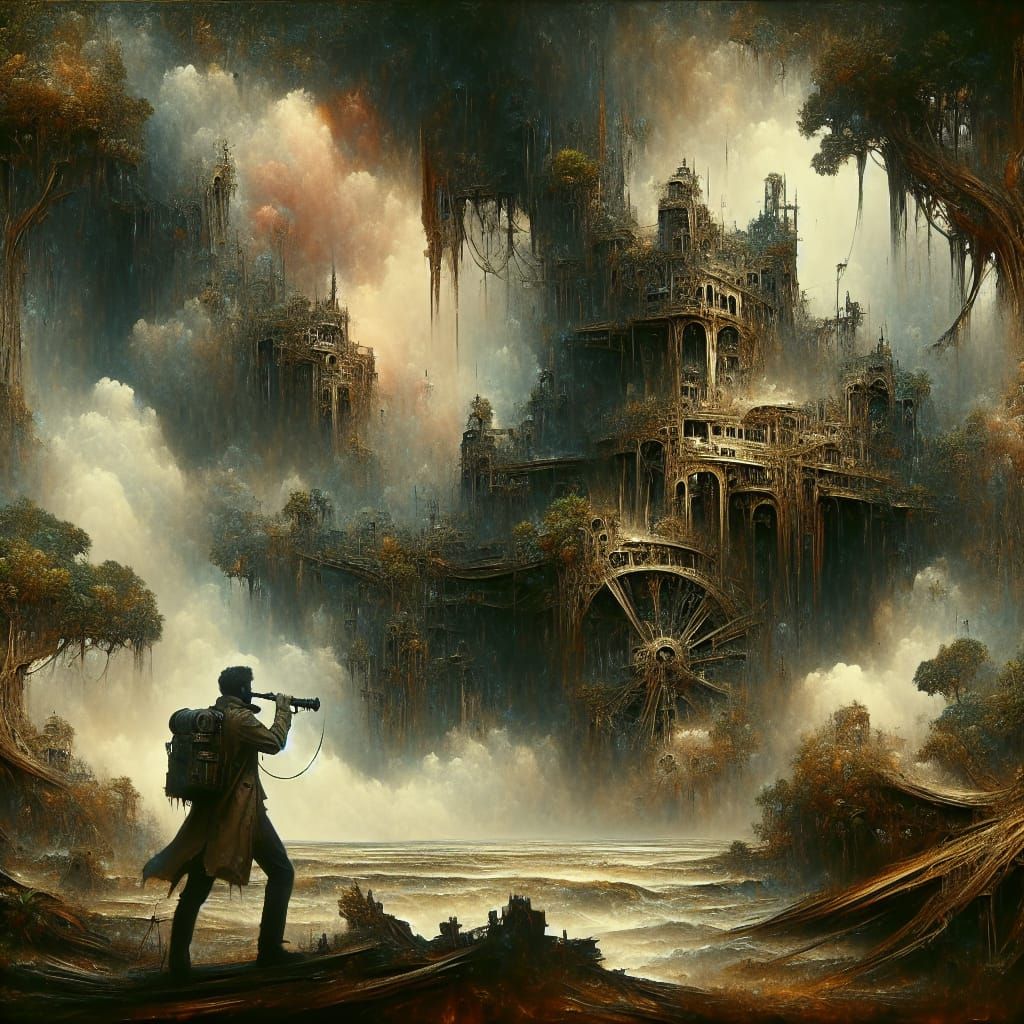 Explorer in Lost Steampunk City Ruins