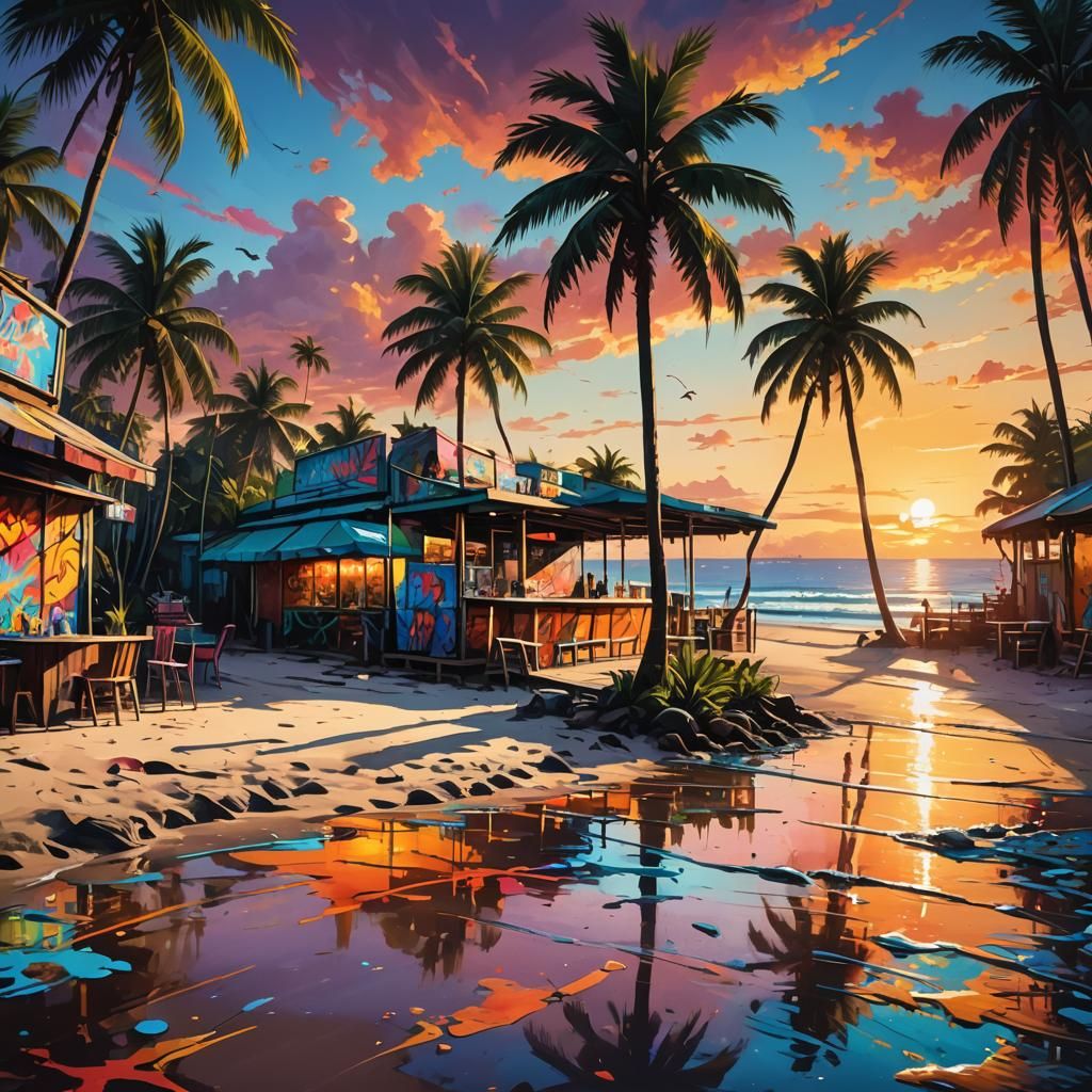 Tropical Beach Sunset in Graffiti Art Style