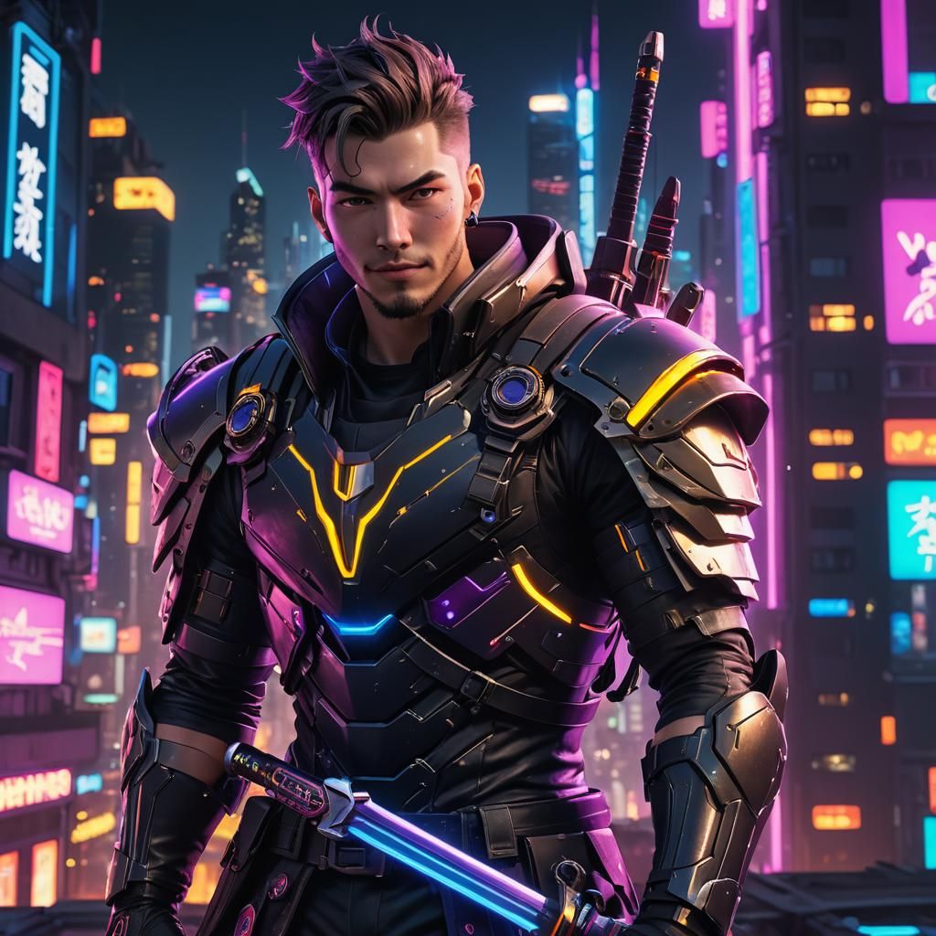 Cyberpunk Anime Hero with Neon Swords