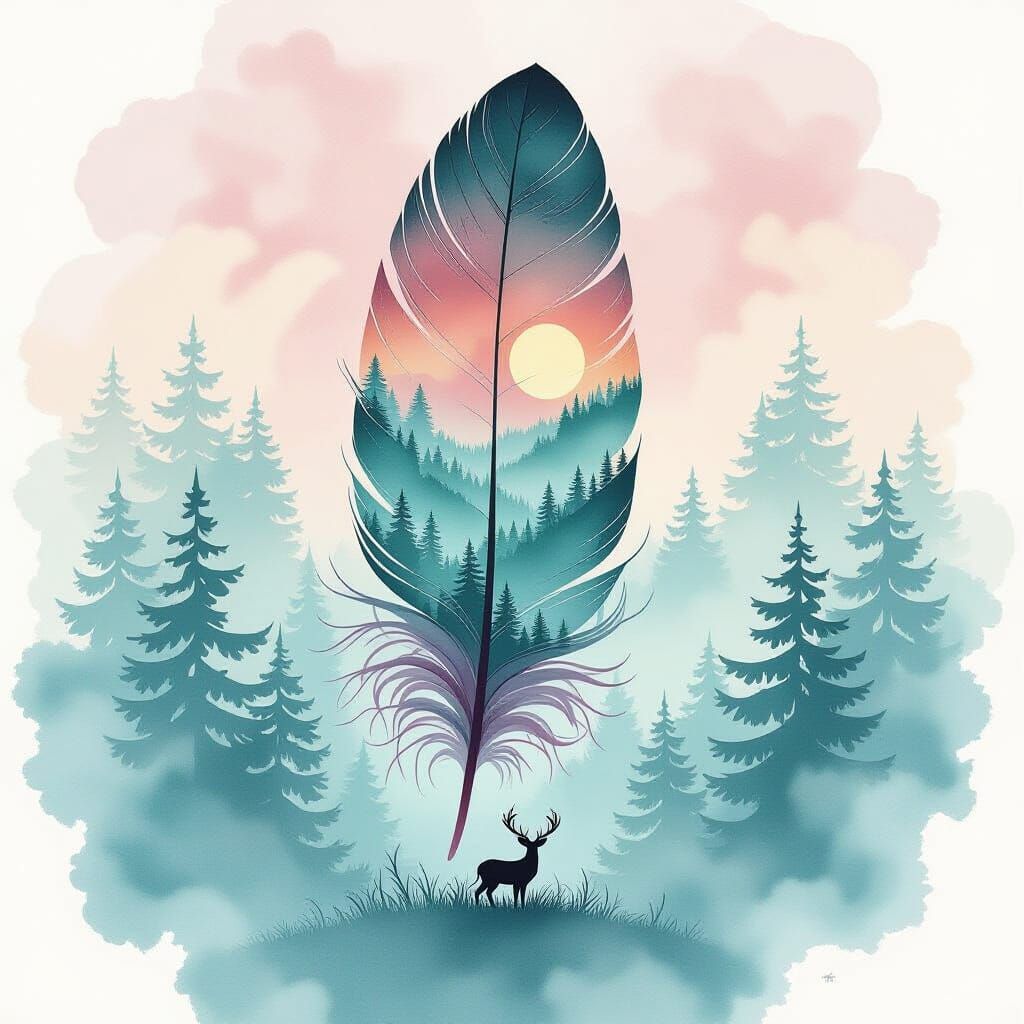 Feather with Watercolor Forest Landscape, Ethereal Digital A...