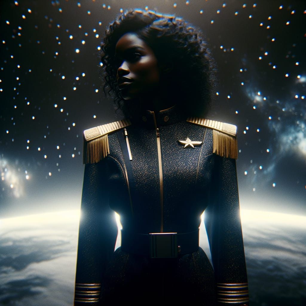 Black Lieutenant in Festive Space Uniform Against Starry Nig...