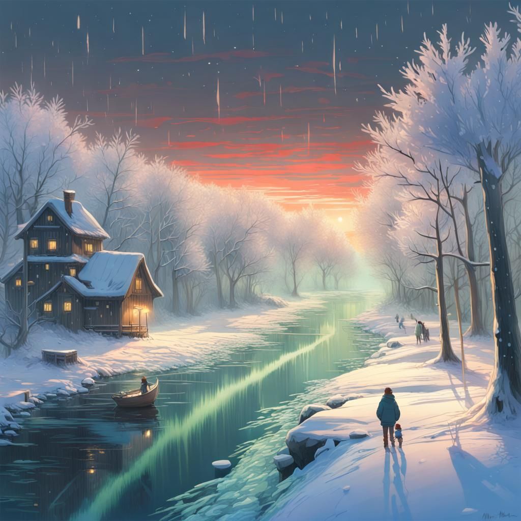 Aurora Over Winter Riverscape: Digital Matte Illustration