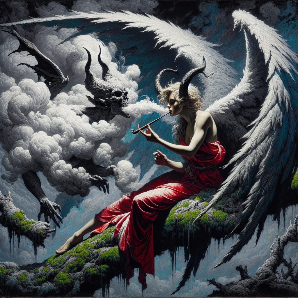 Devil Angel Woman Smoking Dragon Pipe