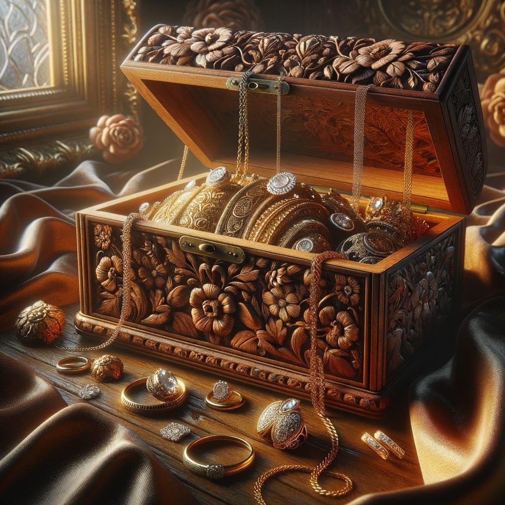 Antique Wooden Jewelry Box with Golden Treasures