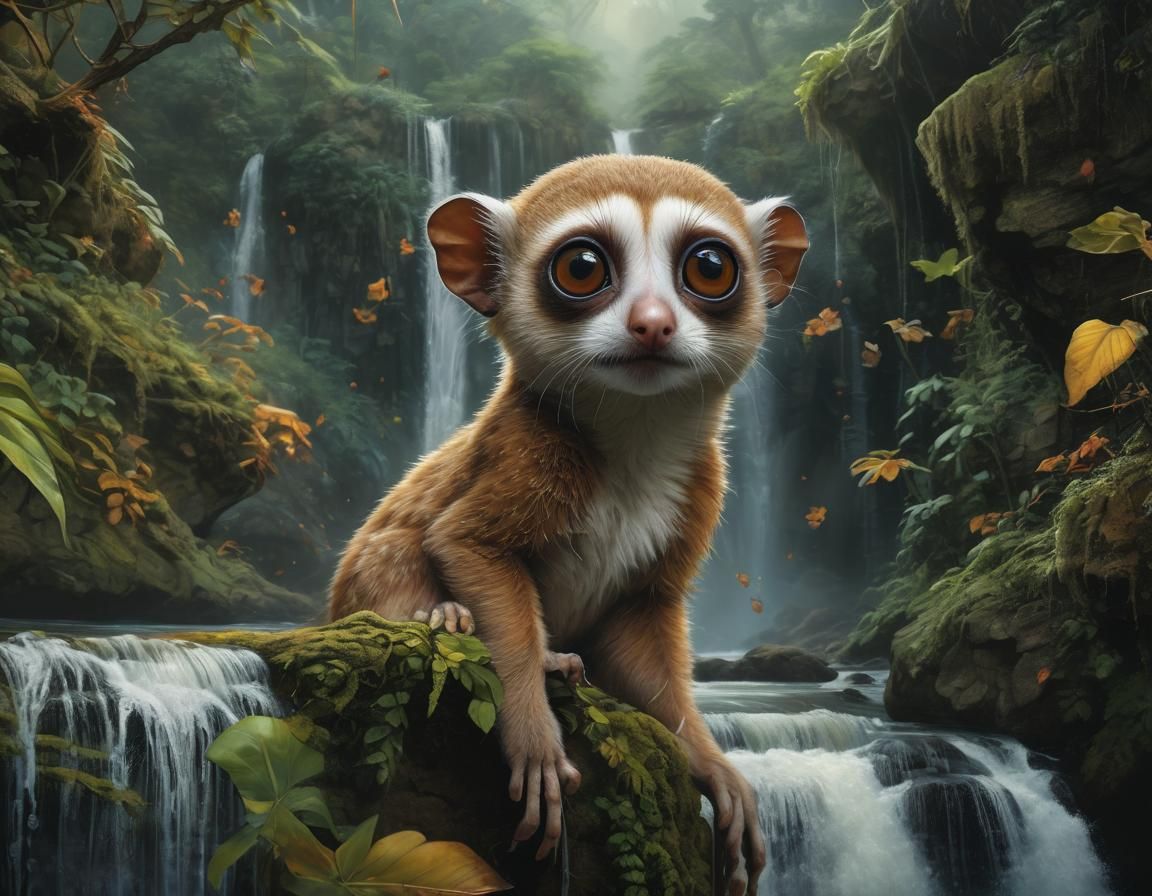 Dreamy Slow Loris Eyes in Fantasy Landscape