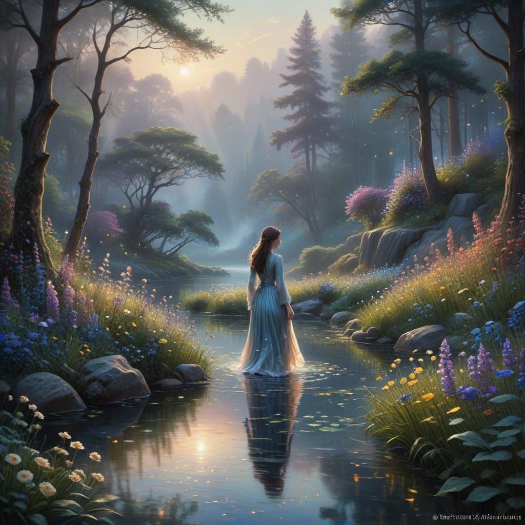 Ethereal Twilight Scene with Lone Figure and Serene Pools