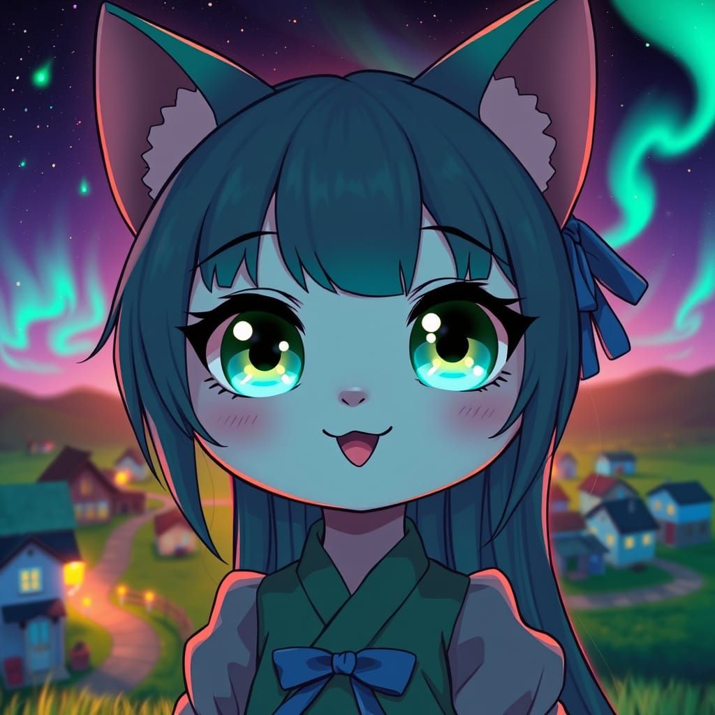 Chibi Anime Catgirl with Glowing Eyes in Synthwave Style