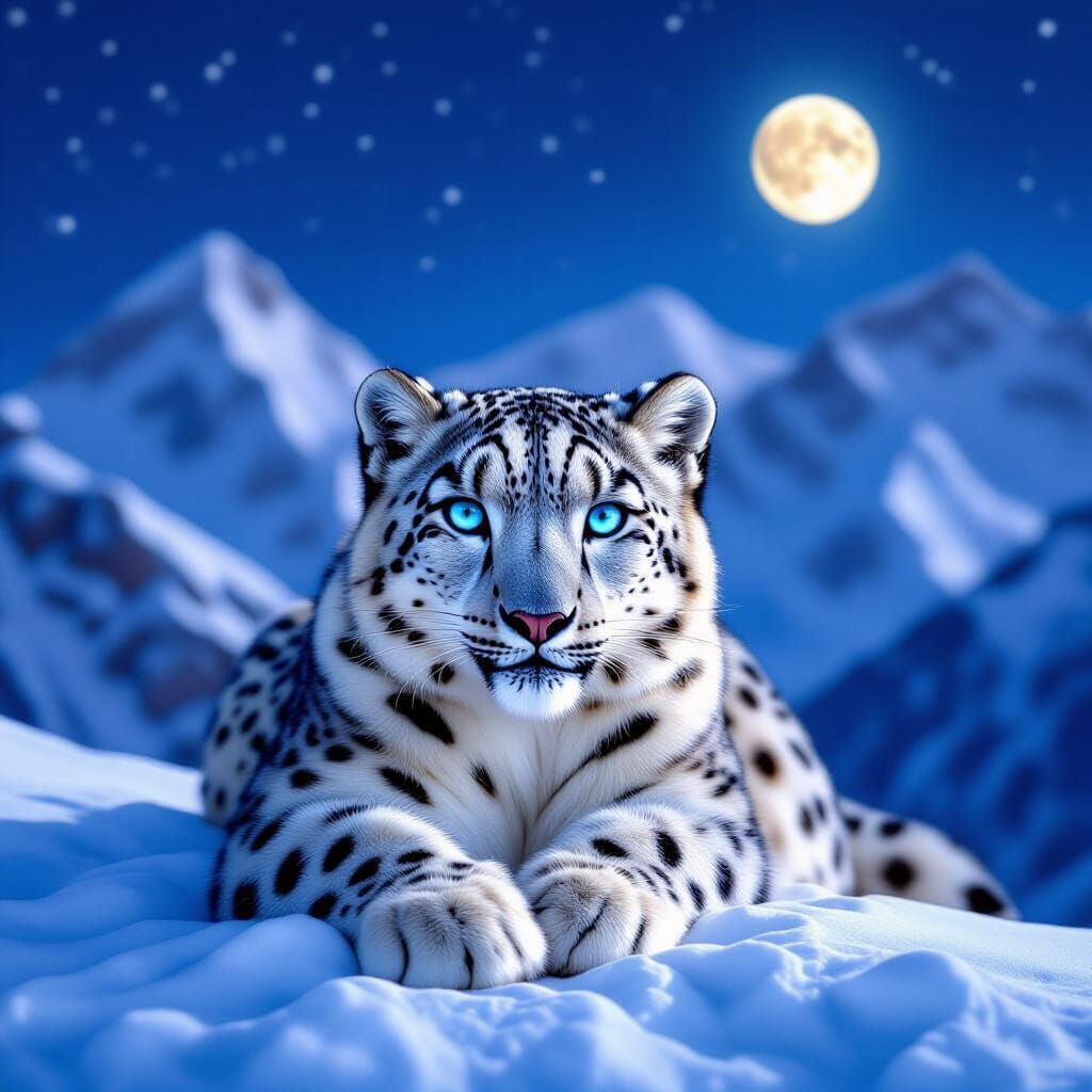 Golden Snow Leopard on Snowy Mountains at Night
