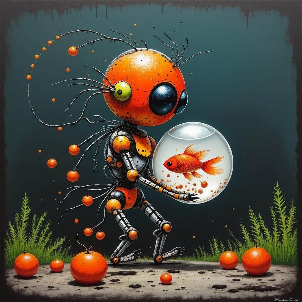 Cute Robot Holding Fishbowl with Blood Orange Style