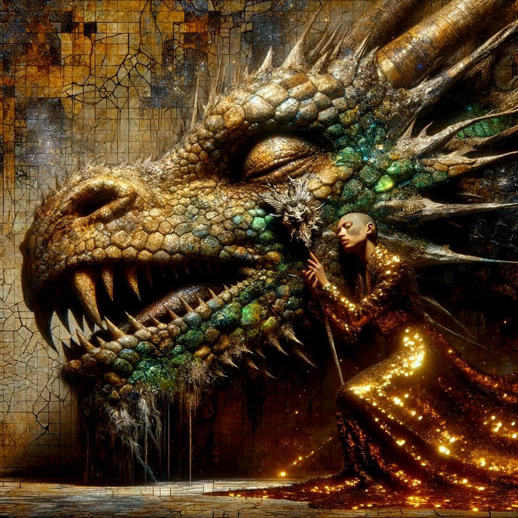 Punk Girl and Ancient Dragon in Fragmented Fantasy Art