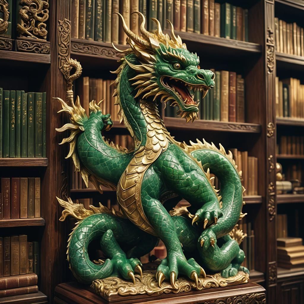Jade Dragon Statue Before Historic Bookshelves