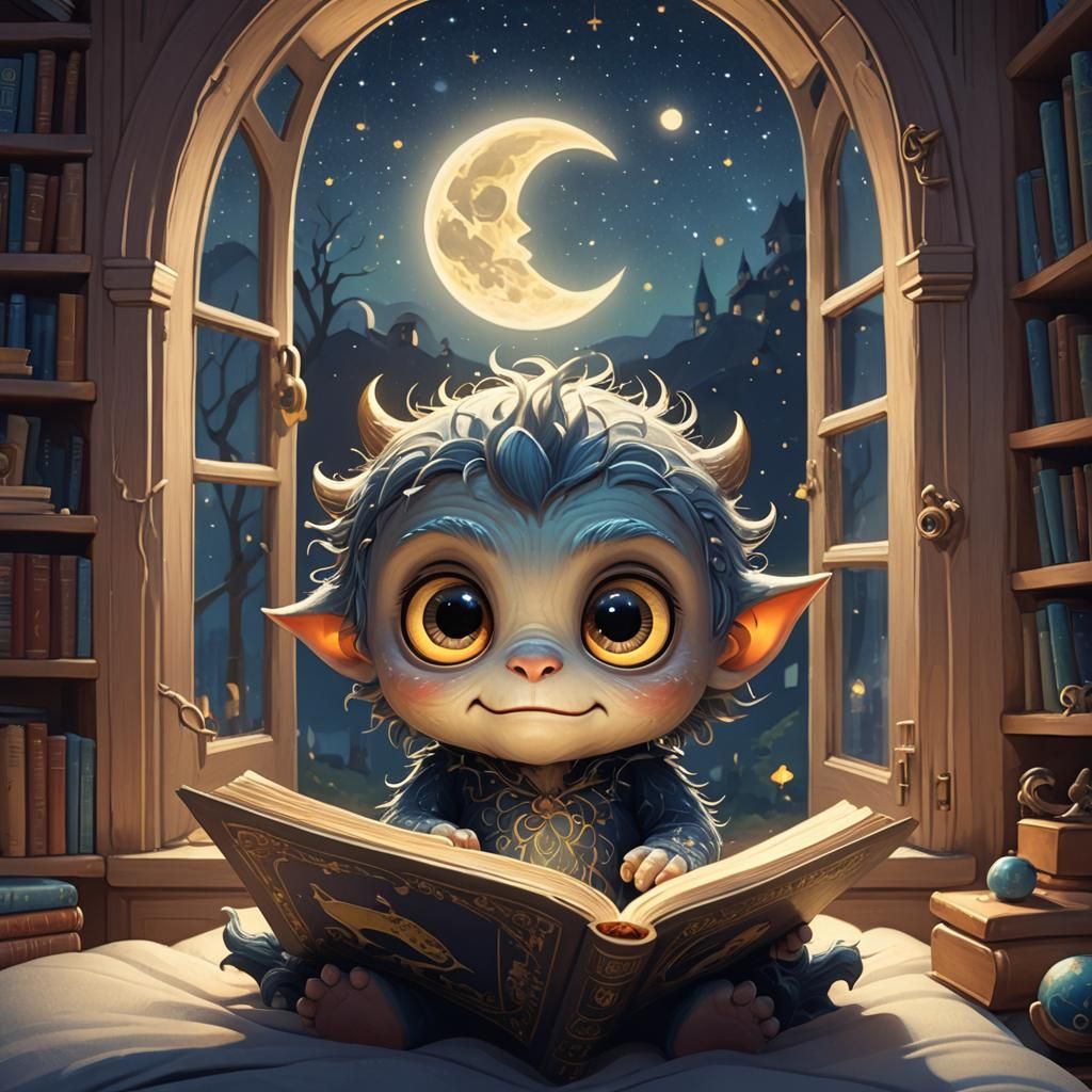 Chibi Monster's Bedtime Story: Dreamy Fantasy Illustration