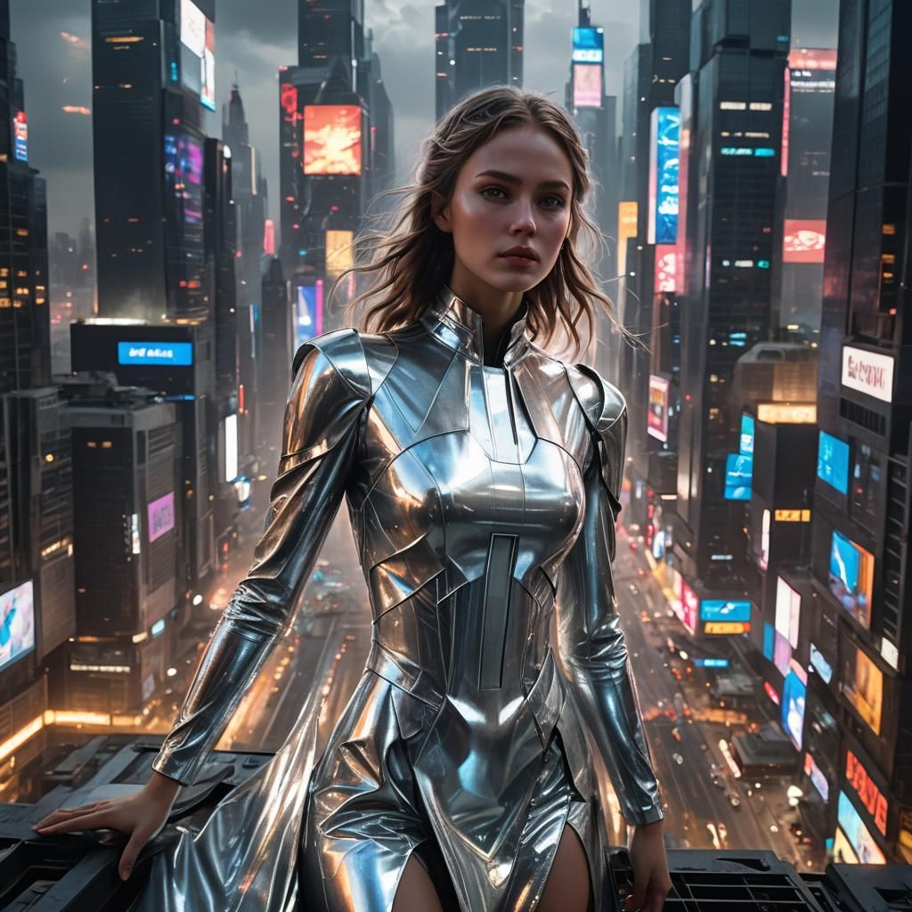 Girl in Silver Dress in Dystopian Future City