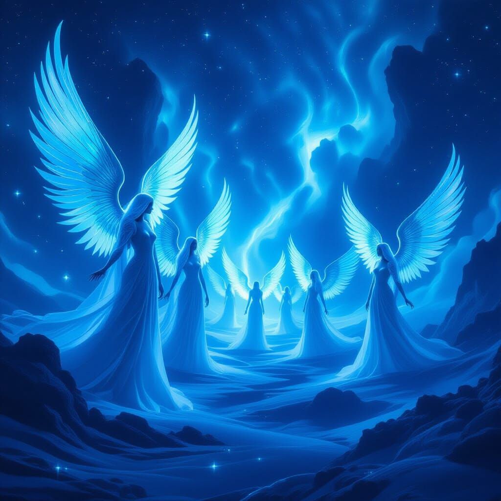 Cosmic Angels in Ethereal Blue Light Digital Painting