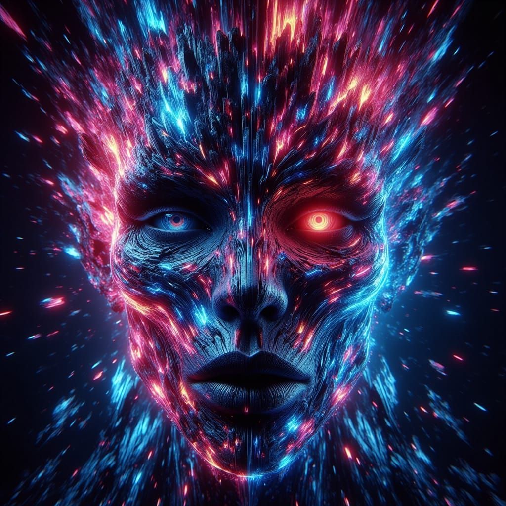 Holographic Glitch Skull in Cyberpunk Style