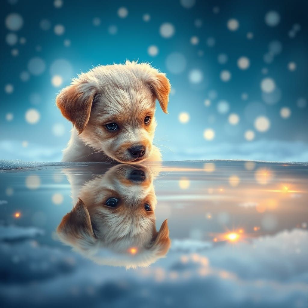 Puppy Gazes into Starry Water Reflection in Gouache