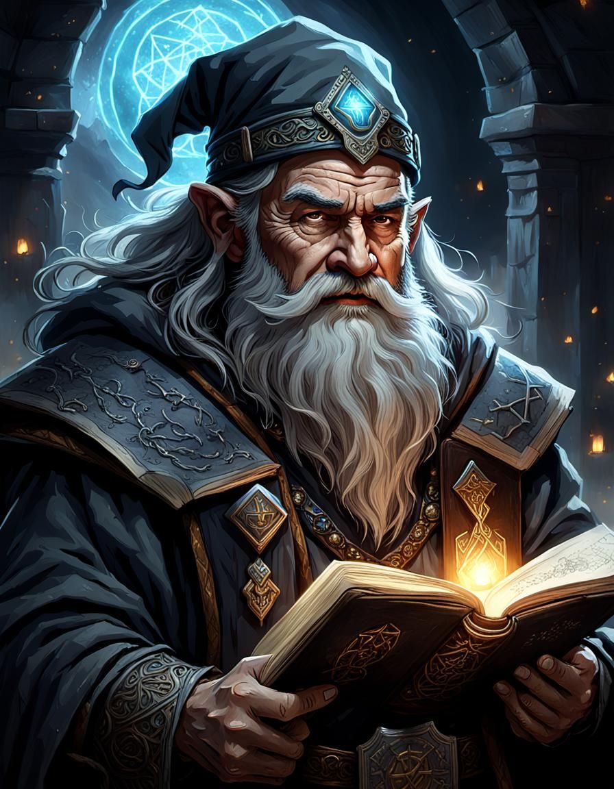 Dwarven Wizard Portrait with Spellbook and Runes
