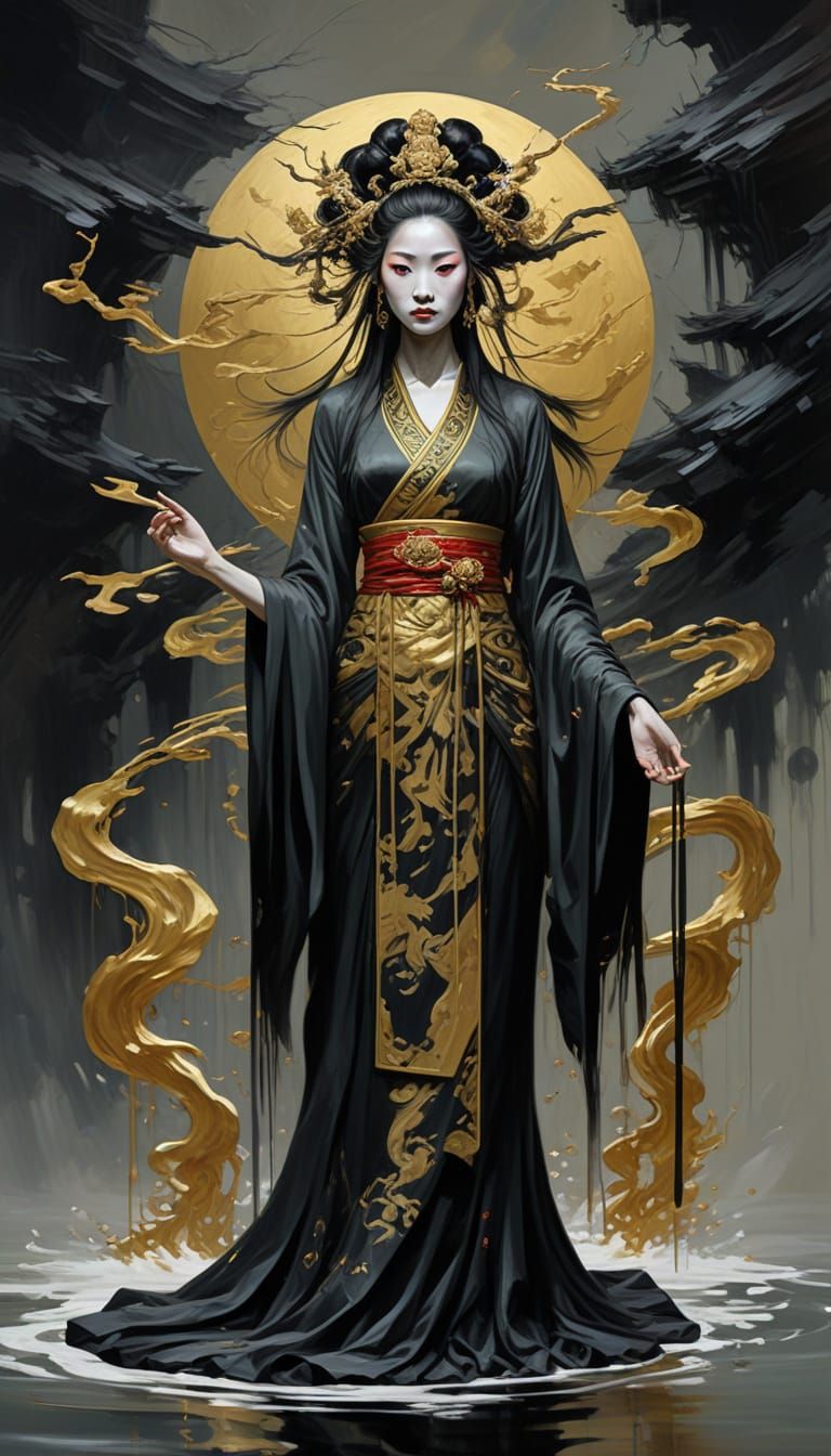 Chinese Goddess of Death in Dark, Neutral Oil Portrait