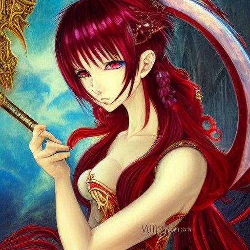 Scarlet Haired Vampire Girl with Scythe in Anime Style