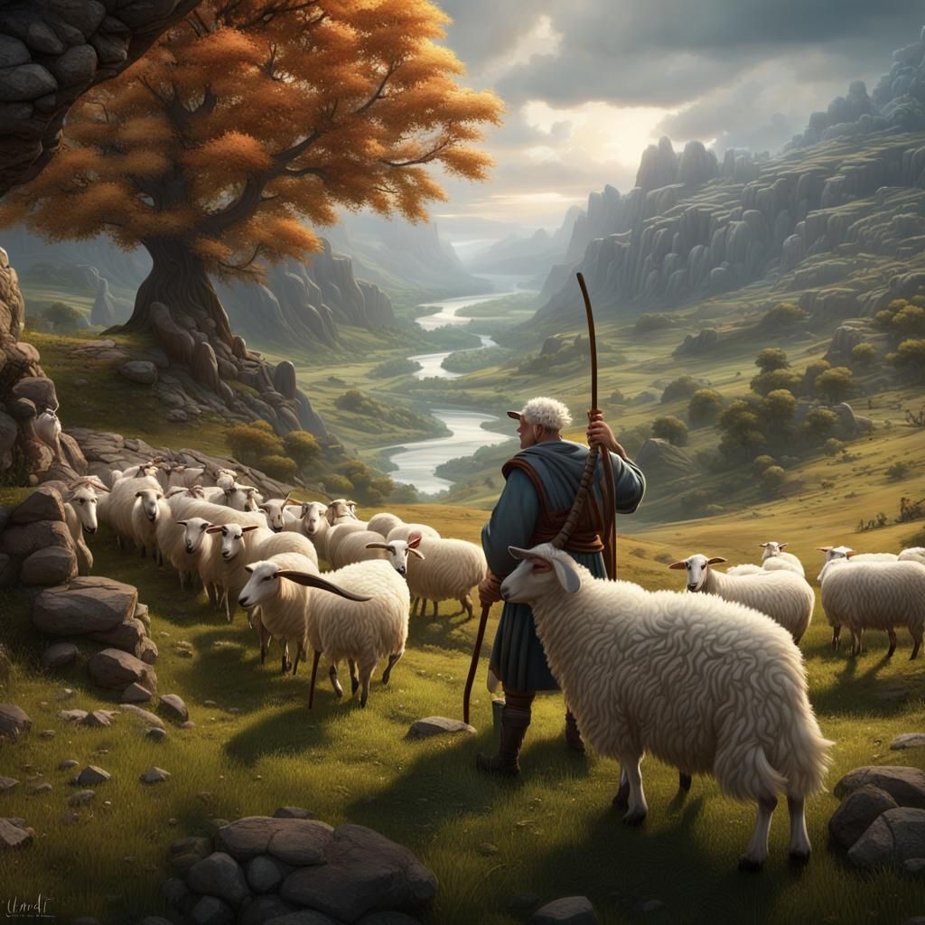 Pastoral Scene of Shepherd with Sheep and Goats
