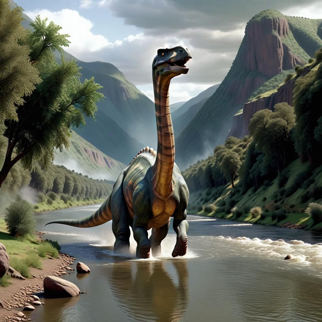 CGI Brachiosaurus in a river on TV documentary Walking With Dinosaurs