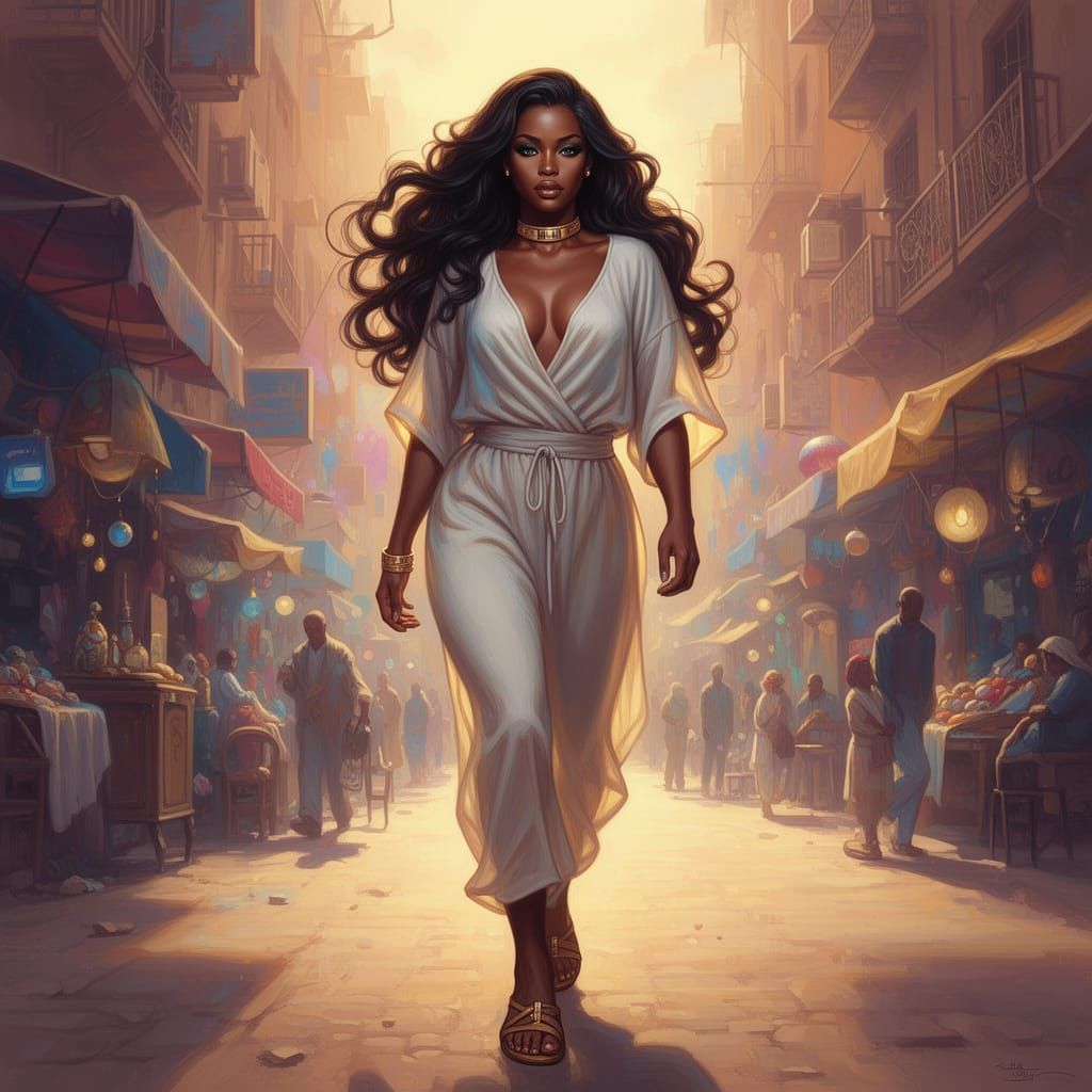 African Woman Strolls Through Sunlit Cairo in Hyperrealistic...